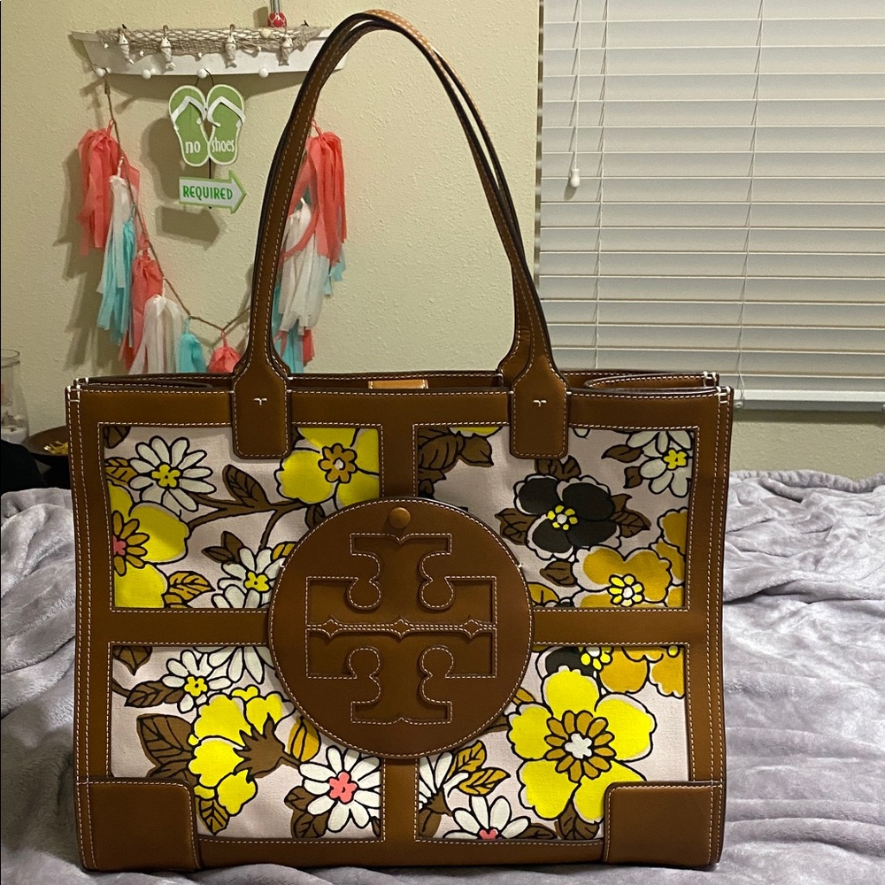 Tory Burch Brown Leather Trim Floral Tote with Yellow, White & Black Accents